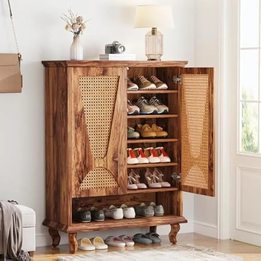 Rattan Shoe Cabinet for Entryway,Large Hidden Modern Freestanding 25-Pair Shoe Organizer Rack Cabinet with Ventilated Doors