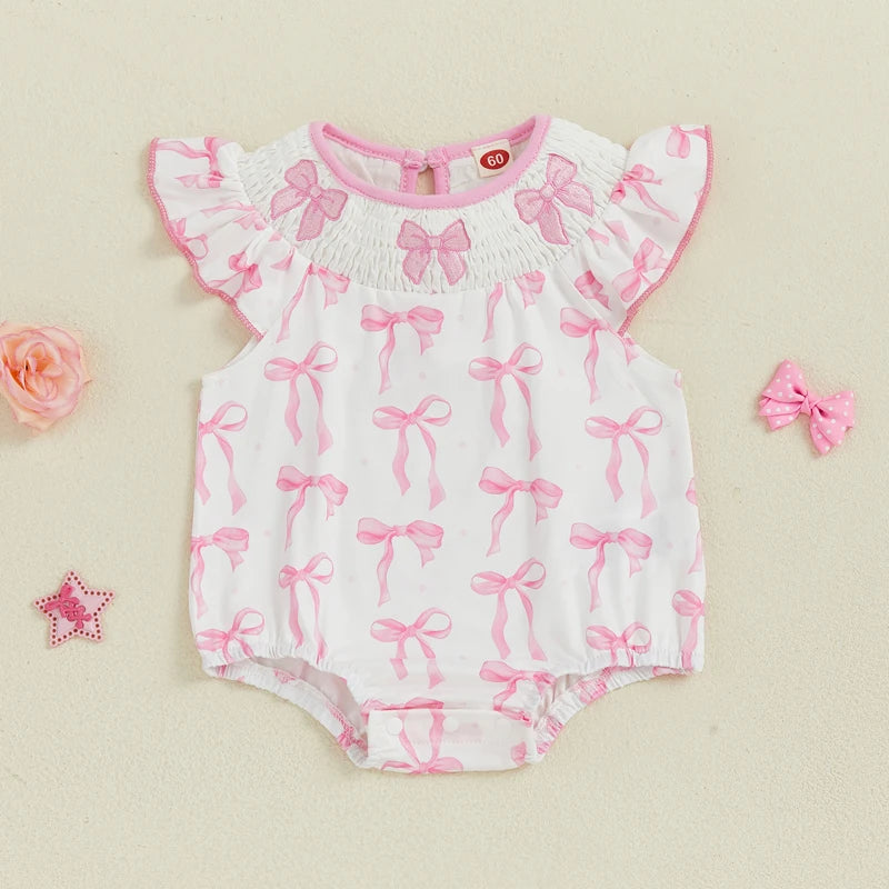 Adorable Baby Girls Romper with Flutter Sleeves Round Neckline and Patriotic Bow Print - Perfect for Independence Day