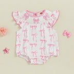 Adorable Baby Girls Romper with Flutter Sleeves Round Neckline and Patriotic Bow Print - Perfect for Independence Day