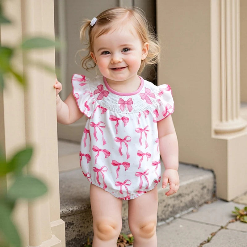 Adorable Baby Girls Romper with Flutter Sleeves Round Neckline and Patriotic Bow Print - Perfect for Independence Day
