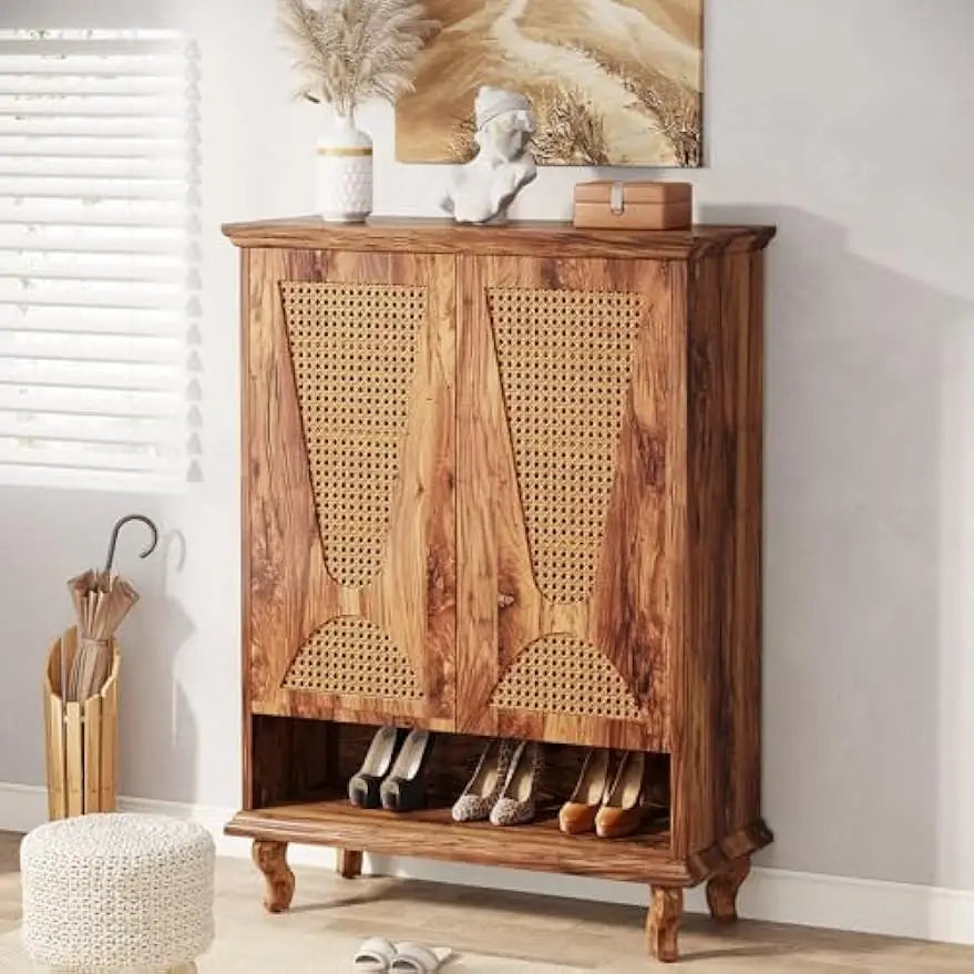 Rattan Shoe Cabinet for Entryway,Large Hidden Modern Freestanding 25-Pair Shoe Organizer Rack Cabinet with Ventilated Doors