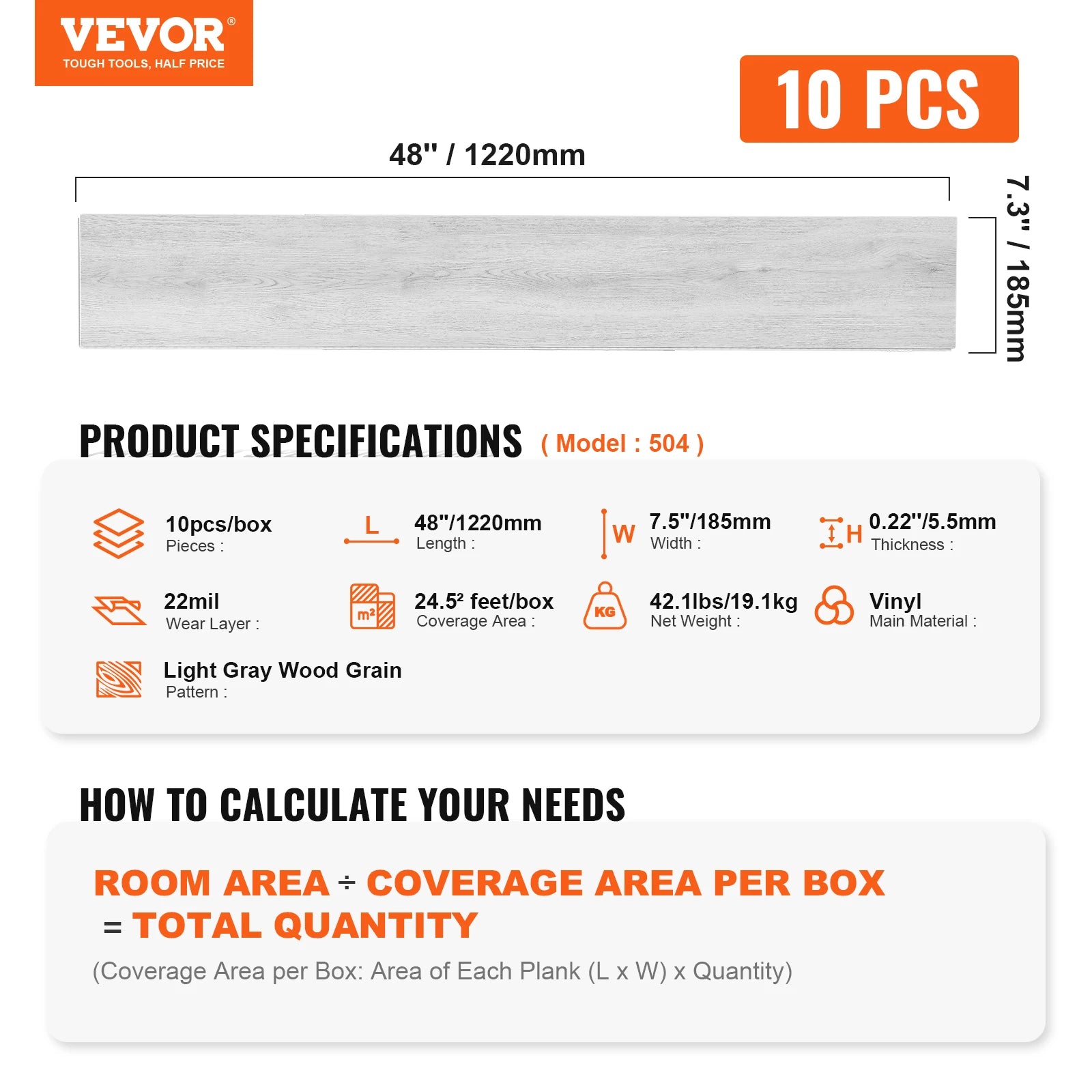 SucceBuy Interlocking Vinyl Floor Tiles 48x7.3 in 10 Tiles 5.5mm Thick Snap Light Gray Wood Grain DIY Flooring for Kitchen