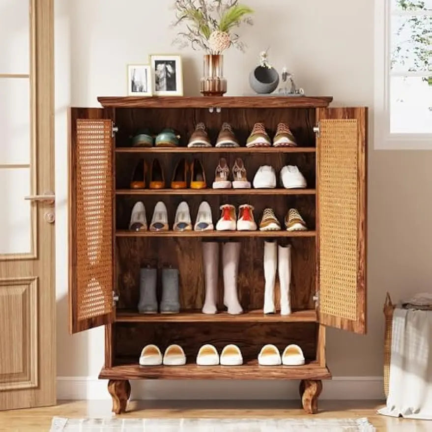 Rattan Shoe Cabinet for Entryway,Large Hidden Modern Freestanding 25-Pair Shoe Organizer Rack Cabinet with Ventilated Doors