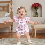 Adorable Baby Girls Romper with Flutter Sleeves Round Neckline and Patriotic Bow Print - Perfect for Independence Day