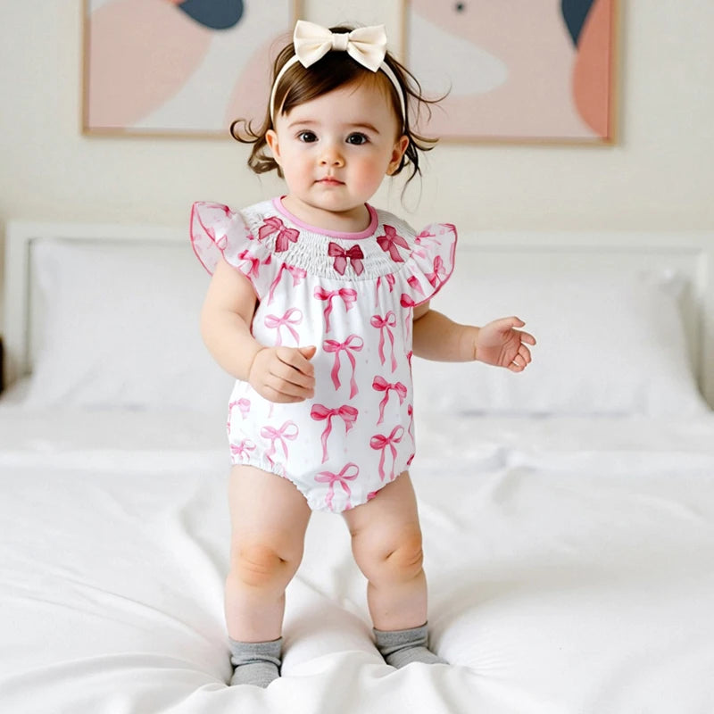 Adorable Baby Girls Romper with Flutter Sleeves Round Neckline and Patriotic Bow Print - Perfect for Independence Day