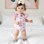 Adorable Baby Girls Romper with Flutter Sleeves Round Neckline and Patriotic Bow Print - Perfect for Independence Day