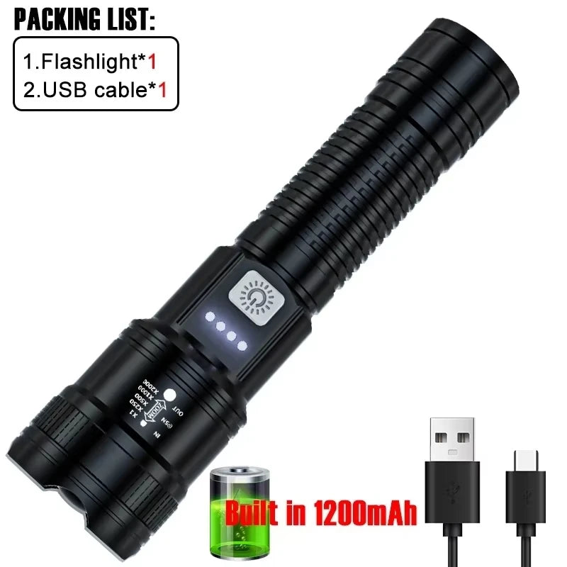 High Strong Power Led Flashlights 2000LM Tactical Torch with Display Light USB Charging Camping Fishing Emergency Zoom Lantern
