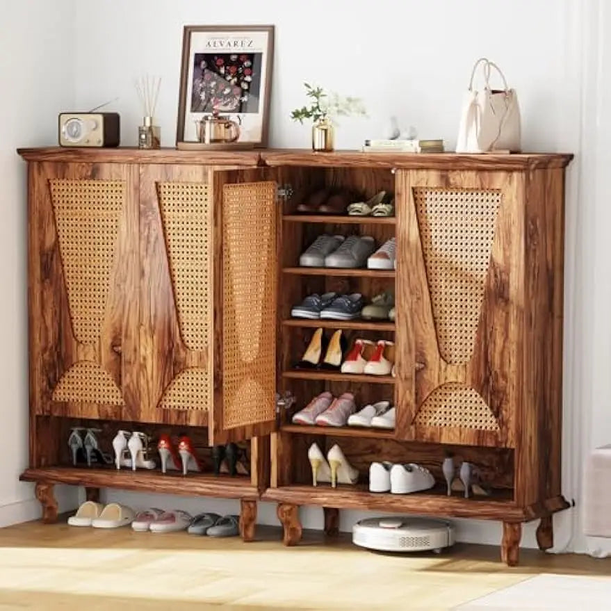 Rattan Shoe Cabinet for Entryway,Large Hidden Modern Freestanding 25-Pair Shoe Organizer Rack Cabinet with Ventilated Doors