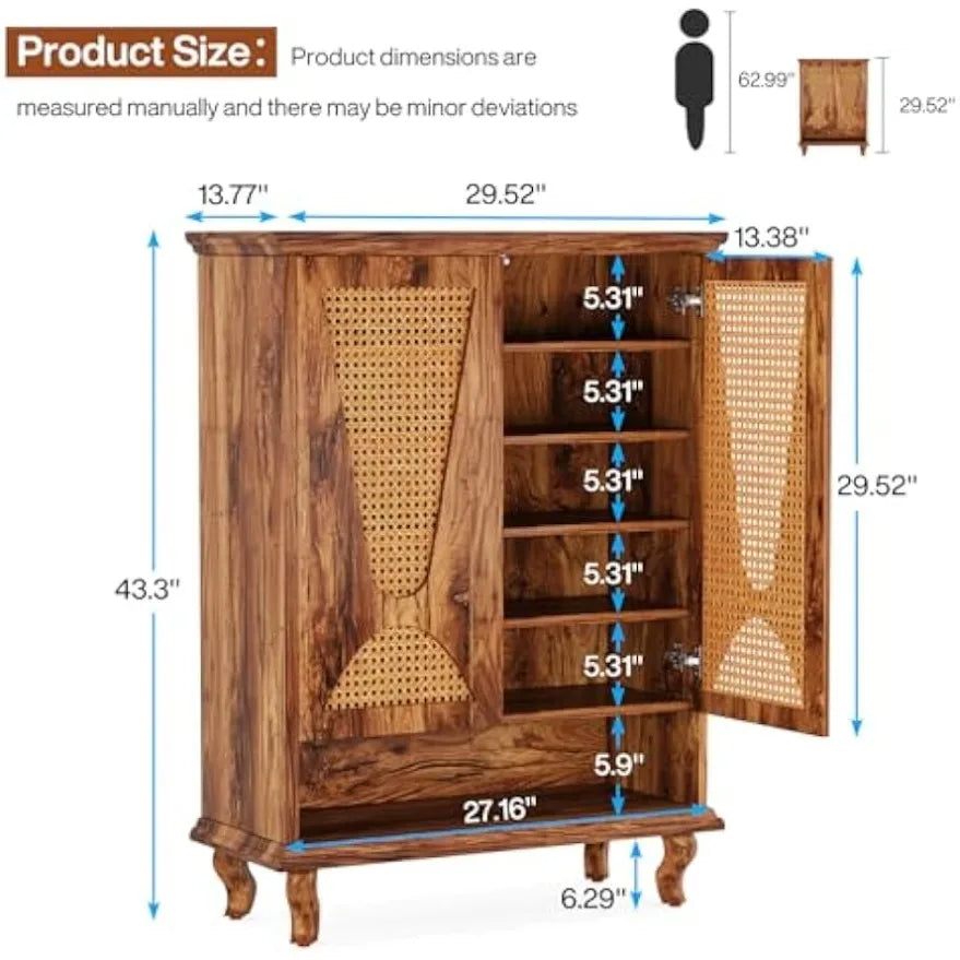 Rattan Shoe Cabinet for Entryway,Large Hidden Modern Freestanding 25-Pair Shoe Organizer Rack Cabinet with Ventilated Doors