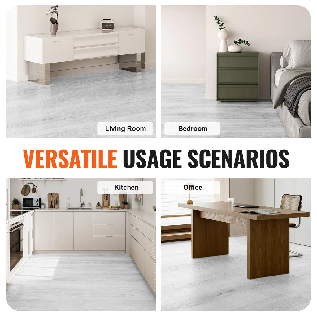 SucceBuy Interlocking Vinyl Floor Tiles 48x7.3 in 10 Tiles 5.5mm Thick Snap Light Gray Wood Grain DIY Flooring for Kitchen