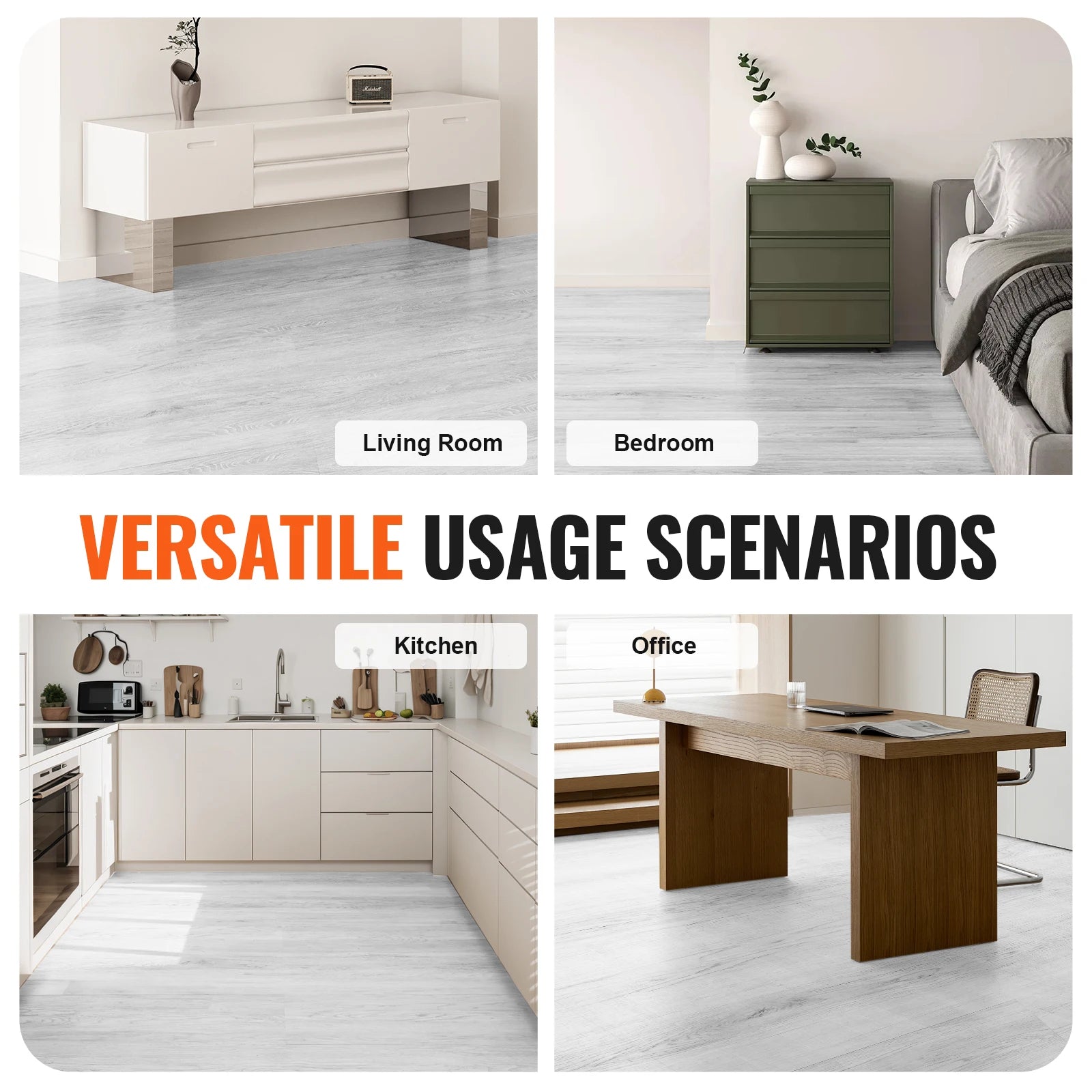 SucceBuy Interlocking Vinyl Floor Tiles 48x7.3 in 10 Tiles 5.5mm Thick Snap Light Gray Wood Grain DIY Flooring for Kitchen