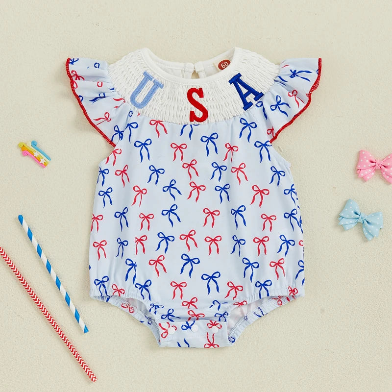 Adorable Baby Girls Romper with Flutter Sleeves Round Neckline and Patriotic Bow Print - Perfect for Independence Day