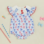 Adorable Baby Girls Romper with Flutter Sleeves Round Neckline and Patriotic Bow Print - Perfect for Independence Day