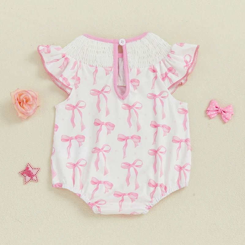 Adorable Baby Girls Romper with Flutter Sleeves Round Neckline and Patriotic Bow Print - Perfect for Independence Day