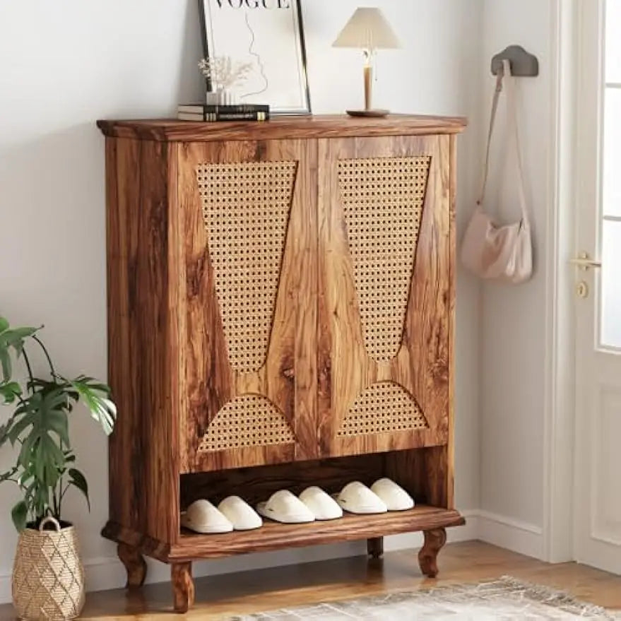 Rattan Shoe Cabinet for Entryway,Large Hidden Modern Freestanding 25-Pair Shoe Organizer Rack Cabinet with Ventilated Doors