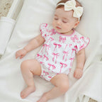 Adorable Baby Girls Romper with Flutter Sleeves Round Neckline and Patriotic Bow Print - Perfect for Independence Day